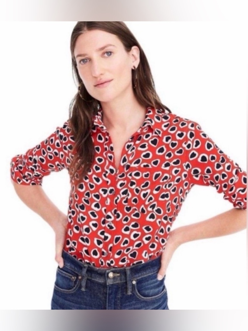 J. Crew 100% Silk Red Heart-Print Button-Down Shirt with Navy & White Accents